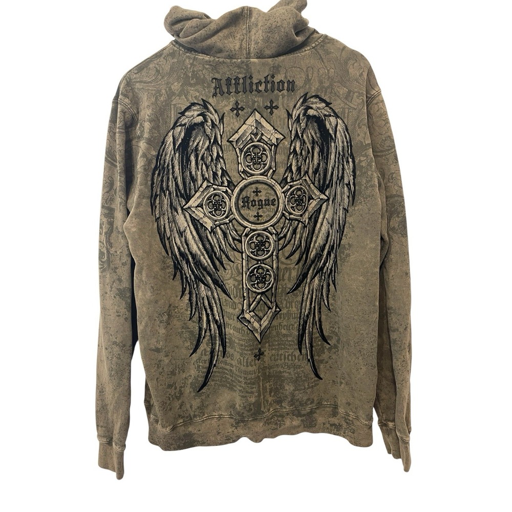 Men's Affliction Rogue Hoodie Size M Full Zip Graphic Cross Angel Wings Y2K
